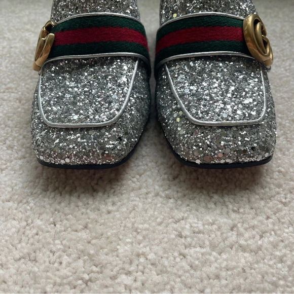 GUCCI Peyton Glitter Block Heel Loafers In Argento Silver - Picture 6 of 12
